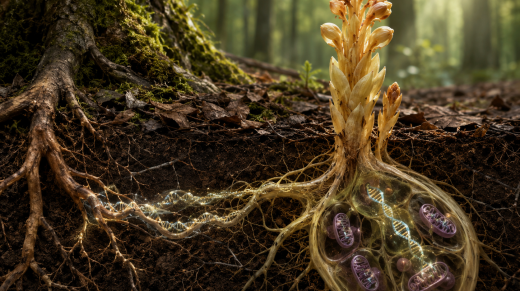 Planta holoparásita conectada a raíces de un árbol huésped con hebras de ADN ilustrando transferencia horizontal de genes.
