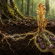 Planta holoparásita conectada a raíces de un árbol huésped con hebras de ADN ilustrando transferencia horizontal de genes.
