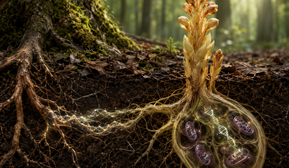 Planta holoparásita conectada a raíces de un árbol huésped con hebras de ADN ilustrando transferencia horizontal de genes.