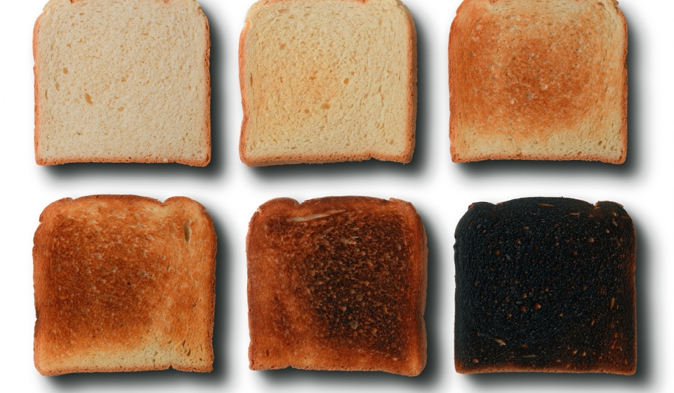 Seis rebanadas de pan con distintos grados de tostado, desde ligeramente doradas hasta quemadas, para representar el aumento de acrilamida durante el calentamiento.