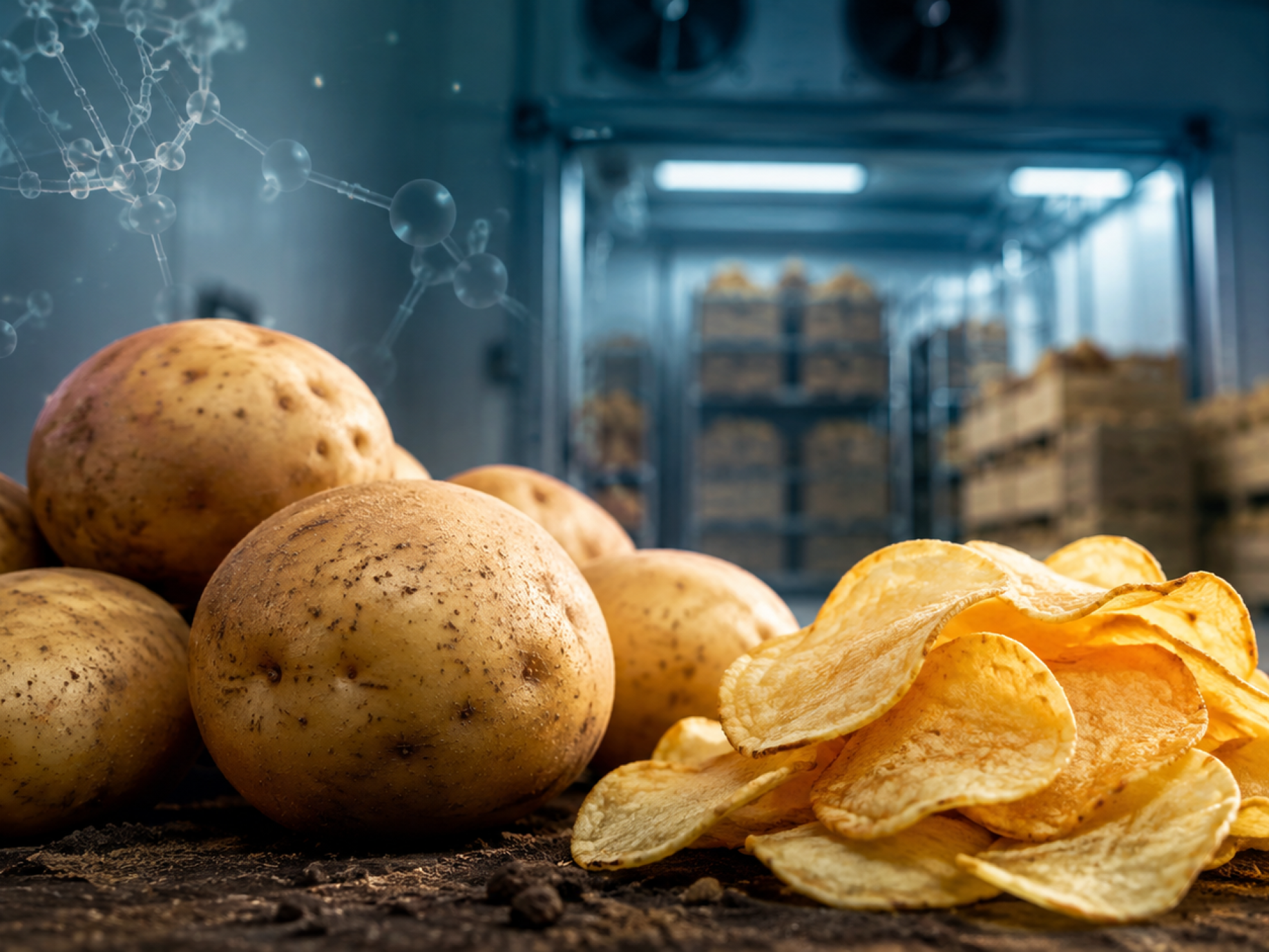 Papas y chips de color claro representando una papa transgénica diseñada para reducir el endulzamiento durante el almacenamiento en frío.