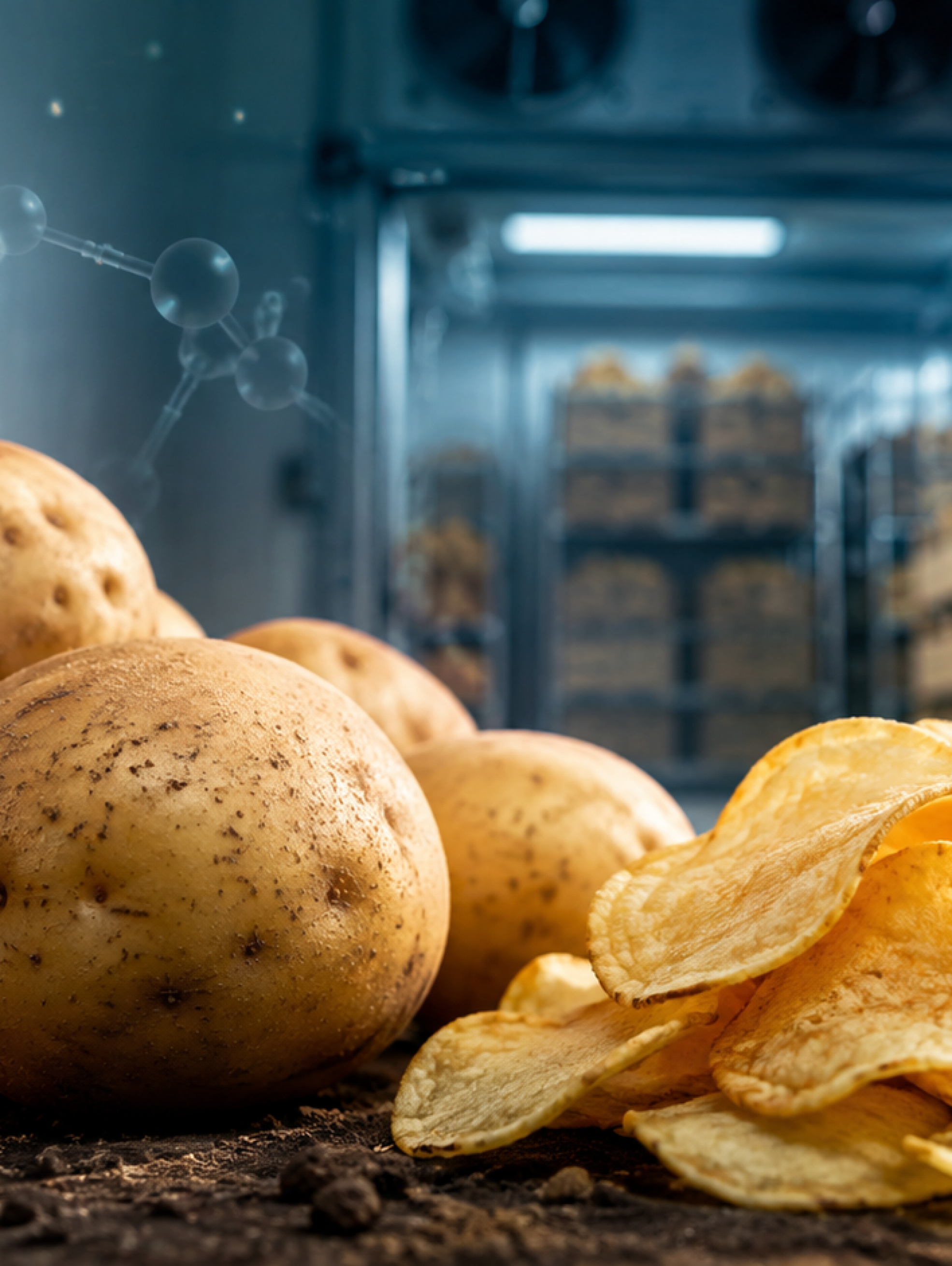Papas y chips de color claro representando una papa transgénica diseñada para reducir el endulzamiento durante el almacenamiento en frío.