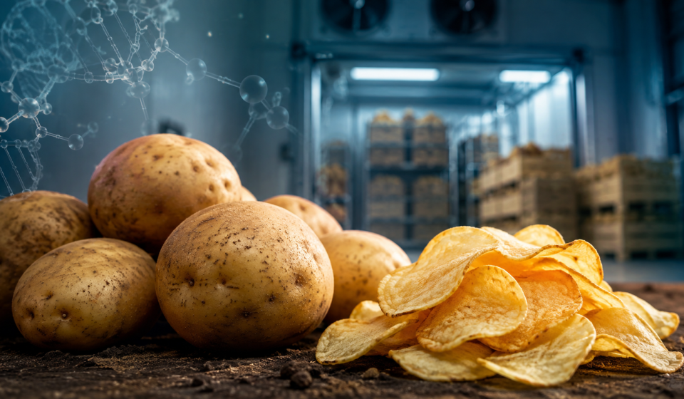 Papas y chips de color claro representando una papa transgénica diseñada para reducir el endulzamiento durante el almacenamiento en frío.
