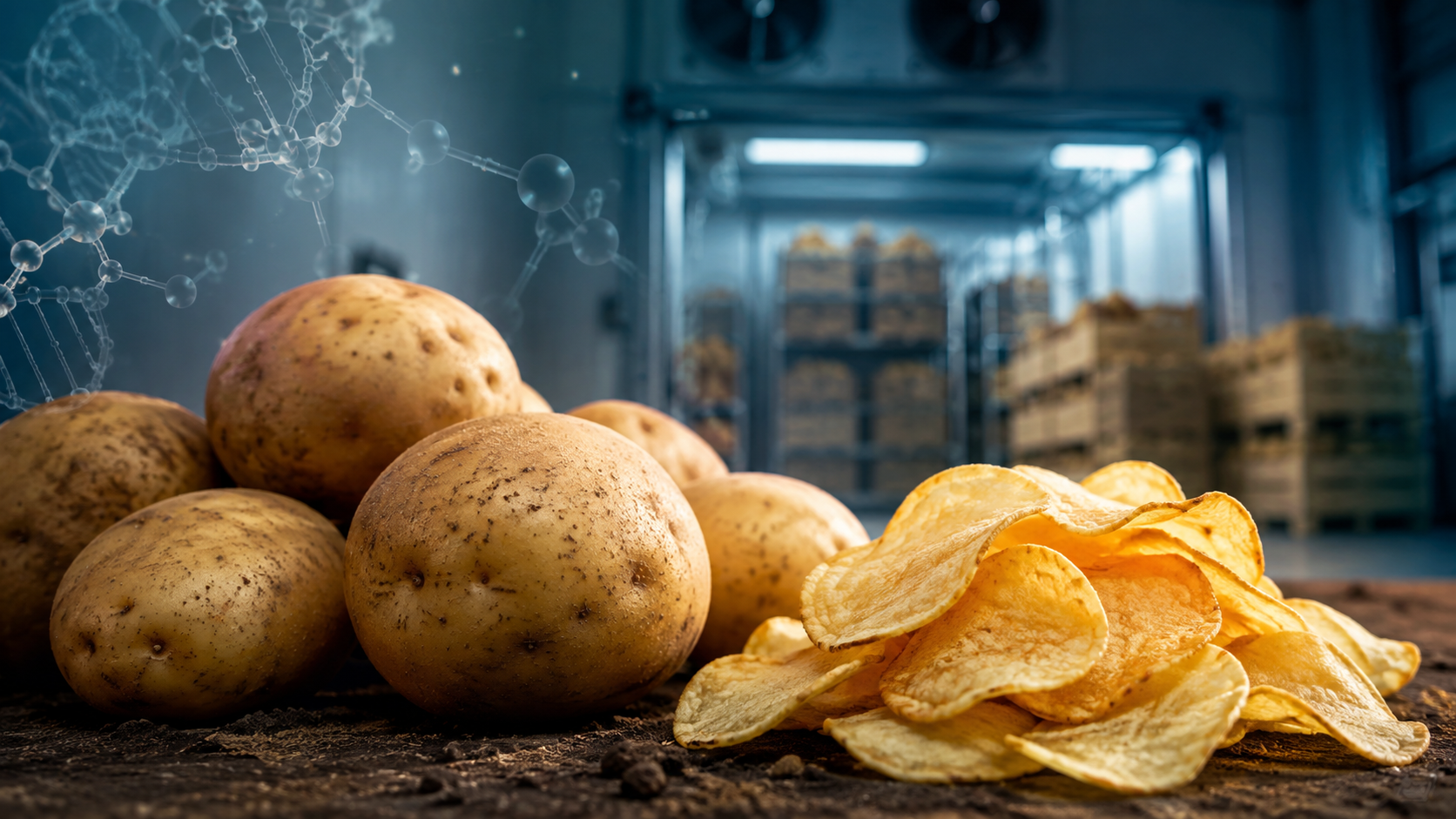 Papas y chips de color claro representando una papa transgénica diseñada para reducir el endulzamiento durante el almacenamiento en frío.