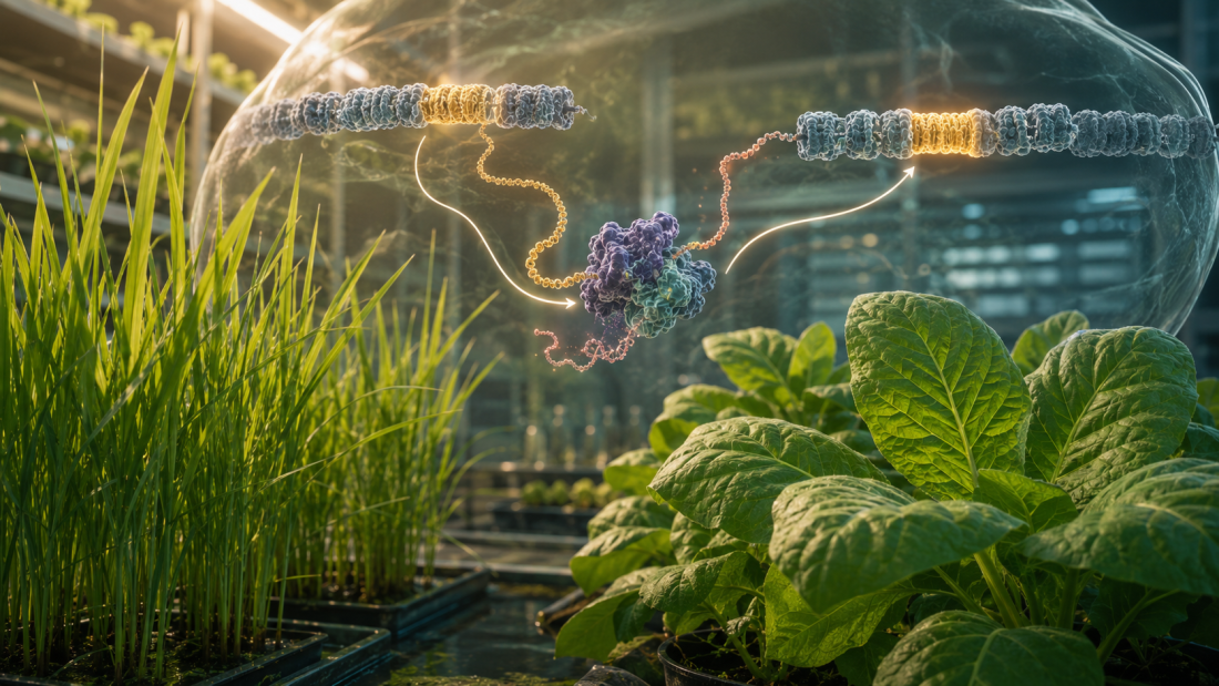 Plantas jóvenes de arroz y tabaco junto a una representación molecular de un retrotransposón R2 insertando una secuencia genética en el genoma vegetal.