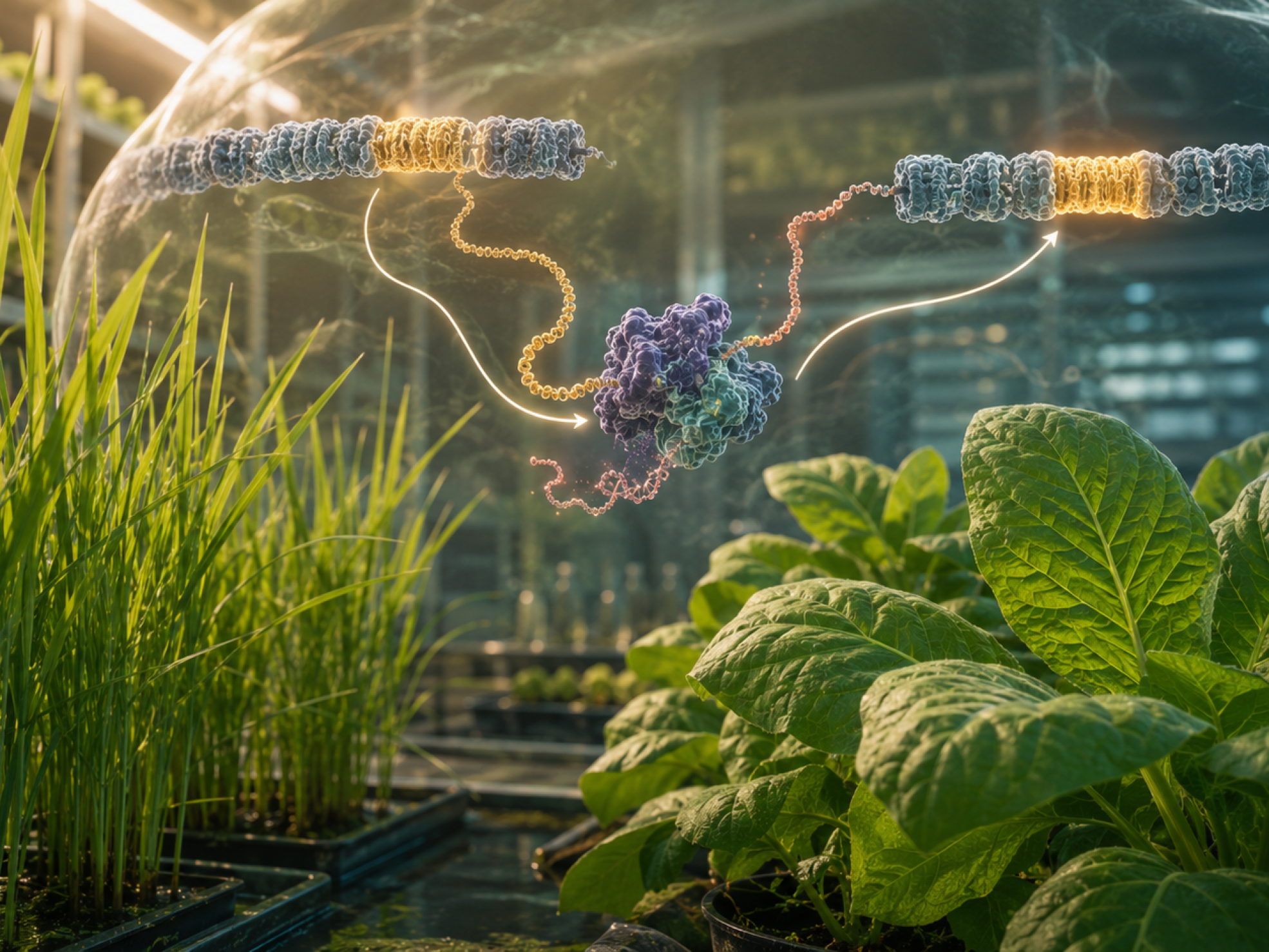 Plantas jóvenes de arroz y tabaco junto a una representación molecular de un retrotransposón R2 insertando una secuencia genética en el genoma vegetal.