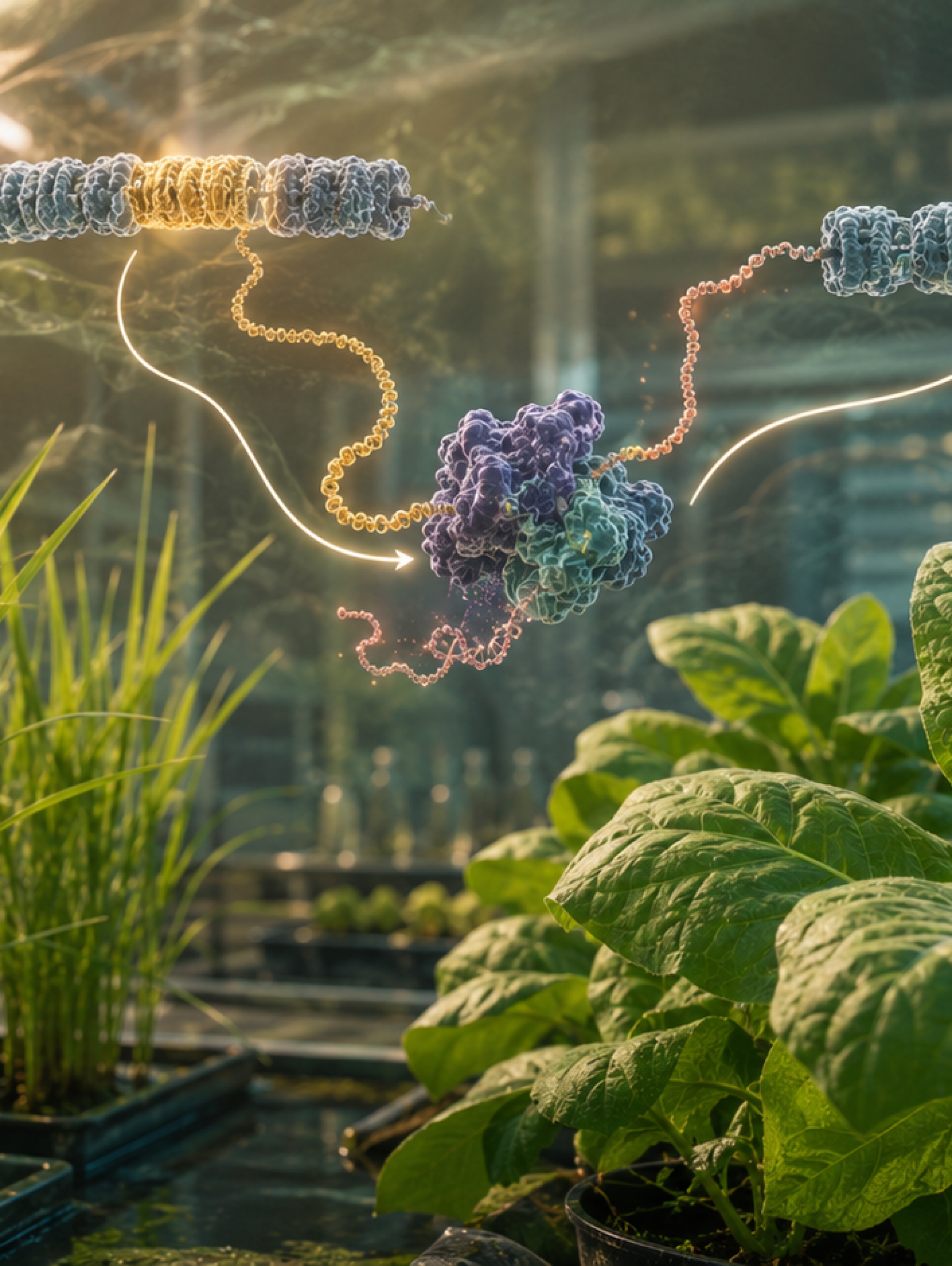 Plantas jóvenes de arroz y tabaco junto a una representación molecular de un retrotransposón R2 insertando una secuencia genética en el genoma vegetal.