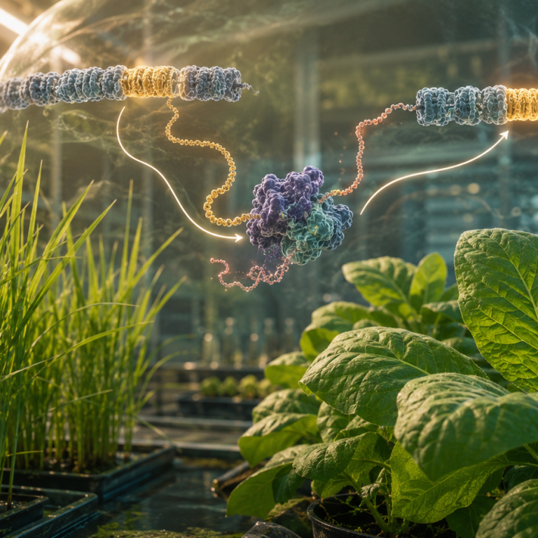 Plantas jóvenes de arroz y tabaco junto a una representación molecular de un retrotransposón R2 insertando una secuencia genética en el genoma vegetal.