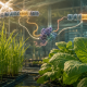 Plantas jóvenes de arroz y tabaco junto a una representación molecular de un retrotransposón R2 insertando una secuencia genética en el genoma vegetal.