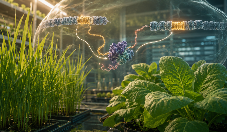 Plantas jóvenes de arroz y tabaco junto a una representación molecular de un retrotransposón R2 insertando una secuencia genética en el genoma vegetal.