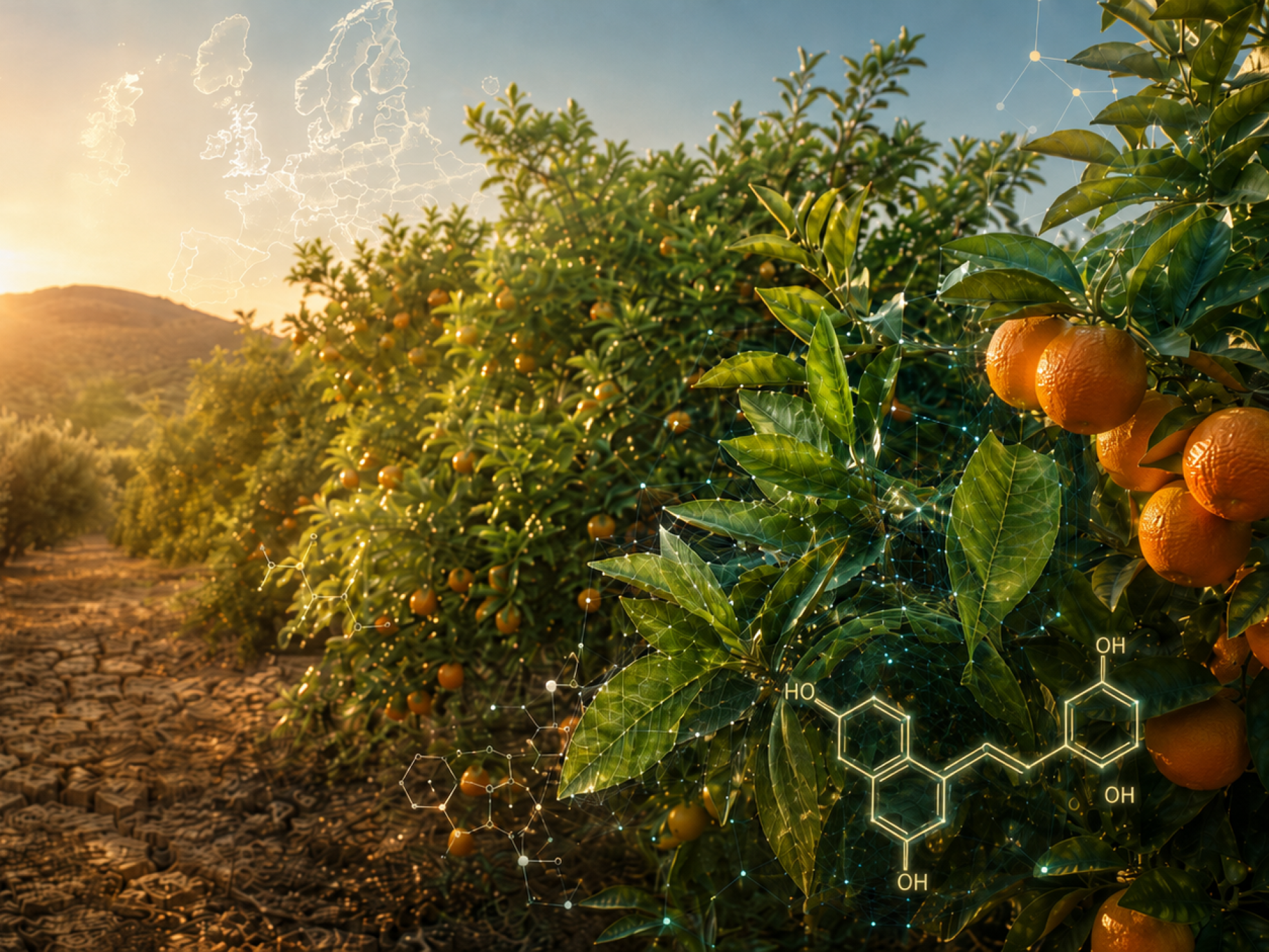 Huerto de cítricos en Europa representando biotecnología, inteligencia artificial y desarrollo de variedades resistentes al cambio climático.