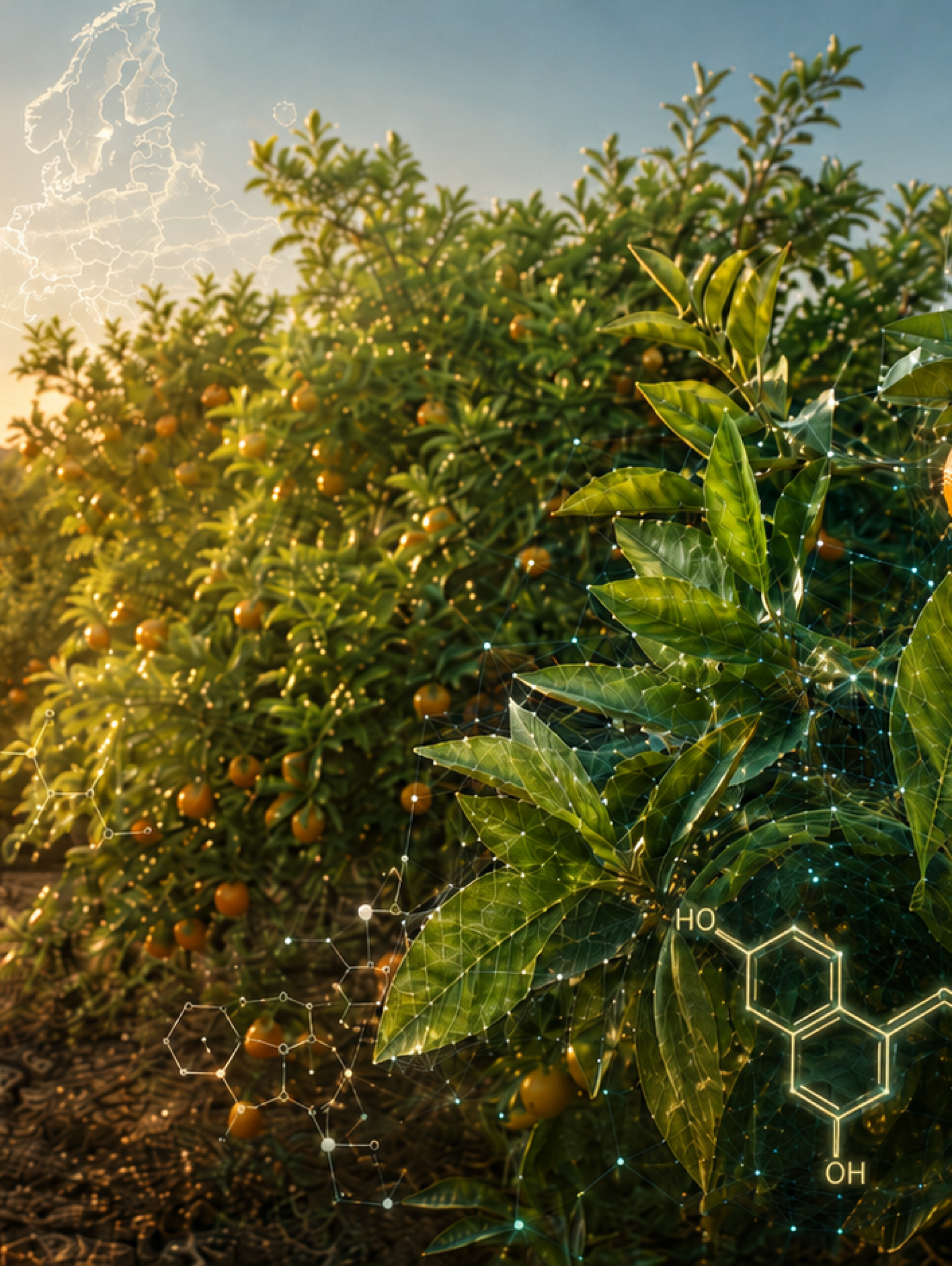 Huerto de cítricos en Europa representando biotecnología, inteligencia artificial y desarrollo de variedades resistentes al cambio climático.