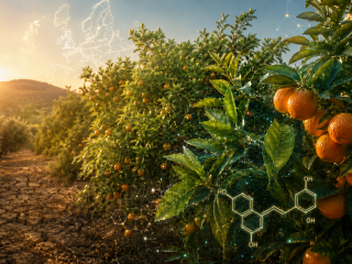 Huerto de cítricos en Europa representando biotecnología, inteligencia artificial y desarrollo de variedades resistentes al cambio climático.