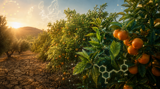 Huerto de cítricos en Europa representando biotecnología, inteligencia artificial y desarrollo de variedades resistentes al cambio climático.