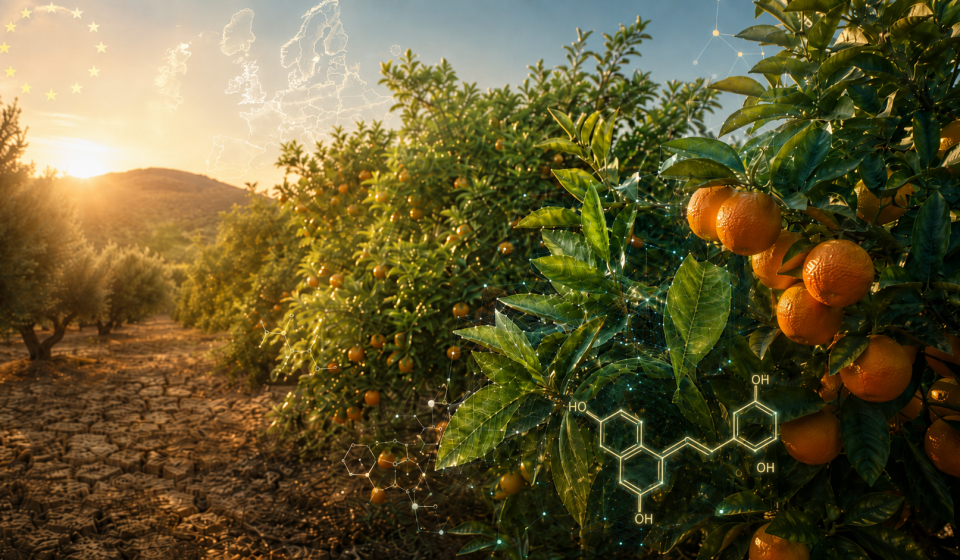 Huerto de cítricos en Europa representando biotecnología, inteligencia artificial y desarrollo de variedades resistentes al cambio climático.