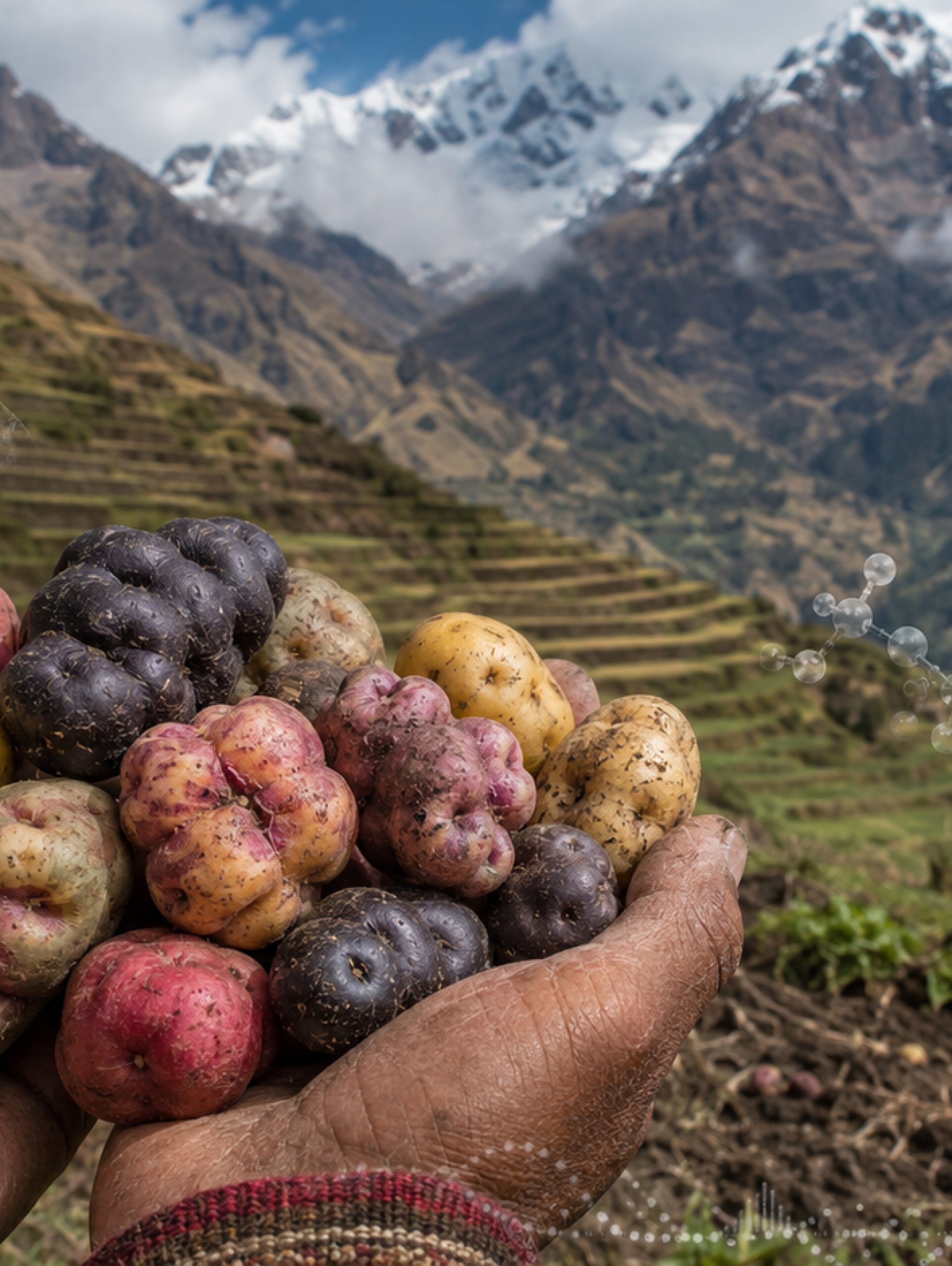 Papas nativas cosechadas en un campo de los Andes peruanos, con elementos genómicos que representan la adaptación humana a una dieta rica en almidón.