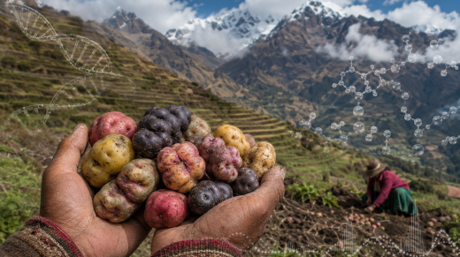 Papas nativas cosechadas en un campo de los Andes peruanos, con elementos genómicos que representan la adaptación humana a una dieta rica en almidón.