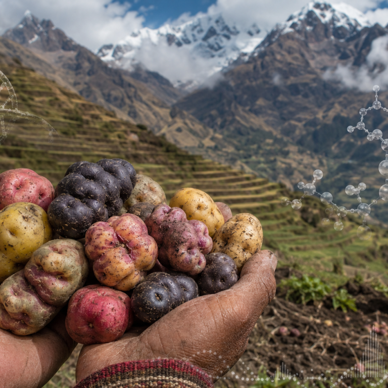 Papas nativas cosechadas en un campo de los Andes peruanos, con elementos genómicos que representan la adaptación humana a una dieta rica en almidón.