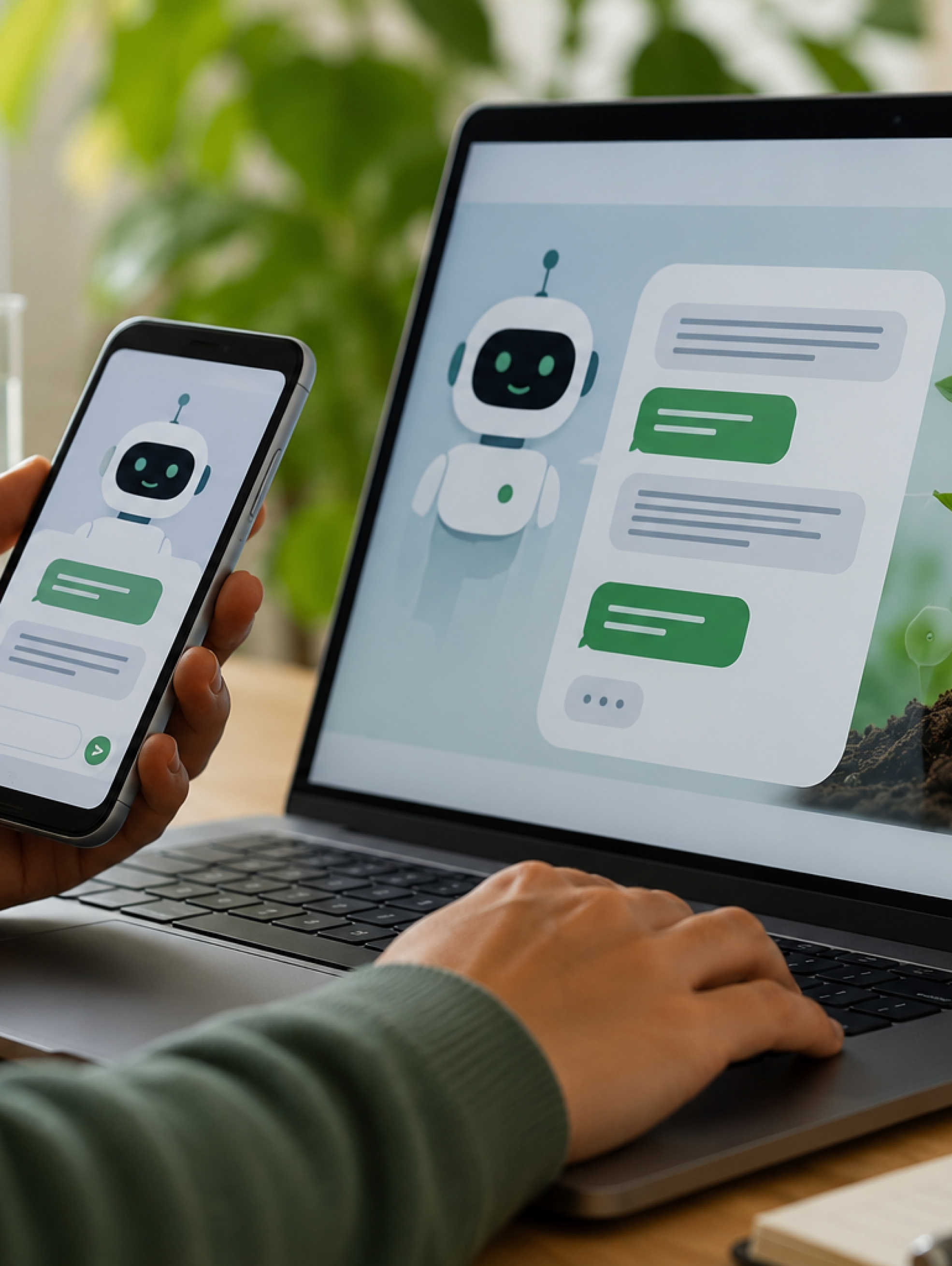 Persona utilizando el chatbot de ChileBio en un computador y teléfono, junto a plantas y elementos de biotecnología agrícola.