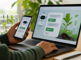 Persona utilizando el chatbot de ChileBio en un computador y teléfono, junto a plantas y elementos de biotecnología agrícola.