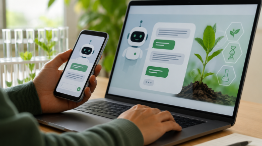Persona utilizando el chatbot de ChileBio en un computador y teléfono, junto a plantas y elementos de biotecnología agrícola.