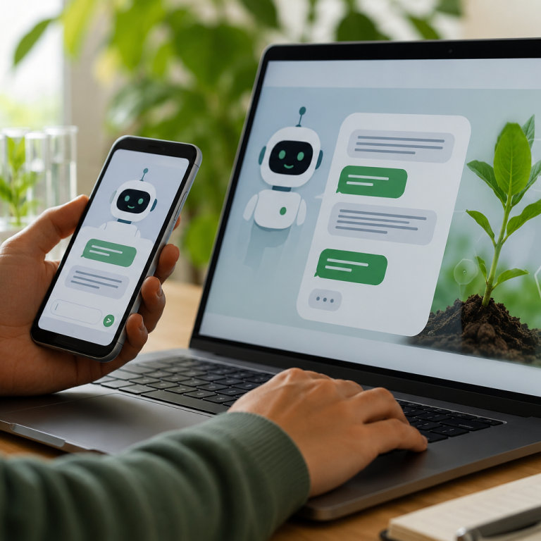 Persona utilizando el chatbot de ChileBio en un computador y teléfono, junto a plantas y elementos de biotecnología agrícola.