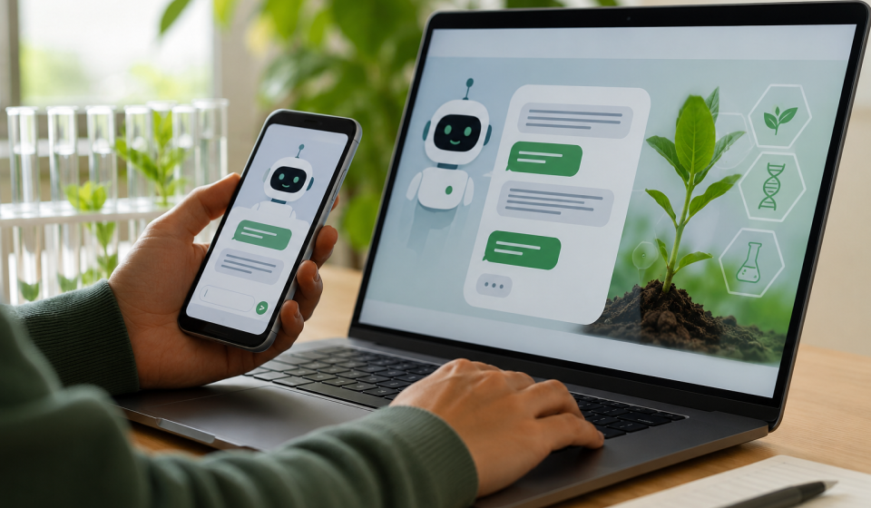 Persona utilizando el chatbot de ChileBio en un computador y teléfono, junto a plantas y elementos de biotecnología agrícola.