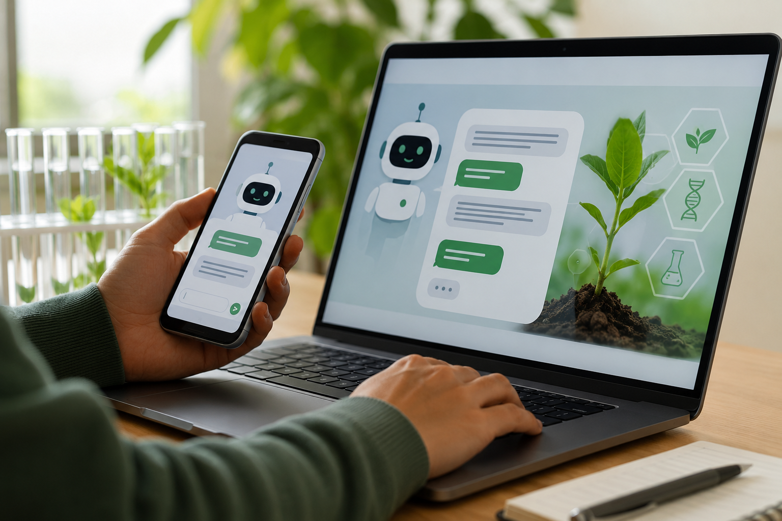 Persona utilizando el chatbot de ChileBio en un computador y teléfono, junto a plantas y elementos de biotecnología agrícola.