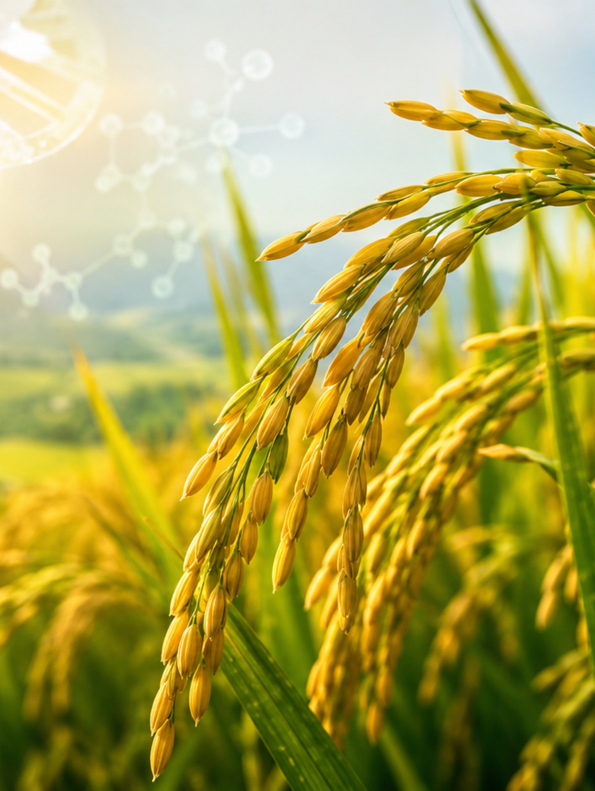 Planta de arroz con representación de ADN y flujo de nutrientes, simbolizando ingeniería genética y eficiencia de uso del nitrógeno