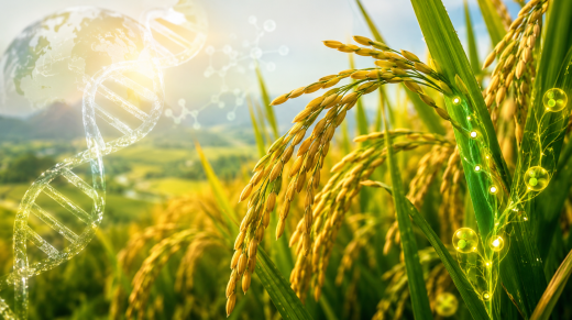 Planta de arroz con representación de ADN y flujo de nutrientes, simbolizando ingeniería genética y eficiencia de uso del nitrógeno