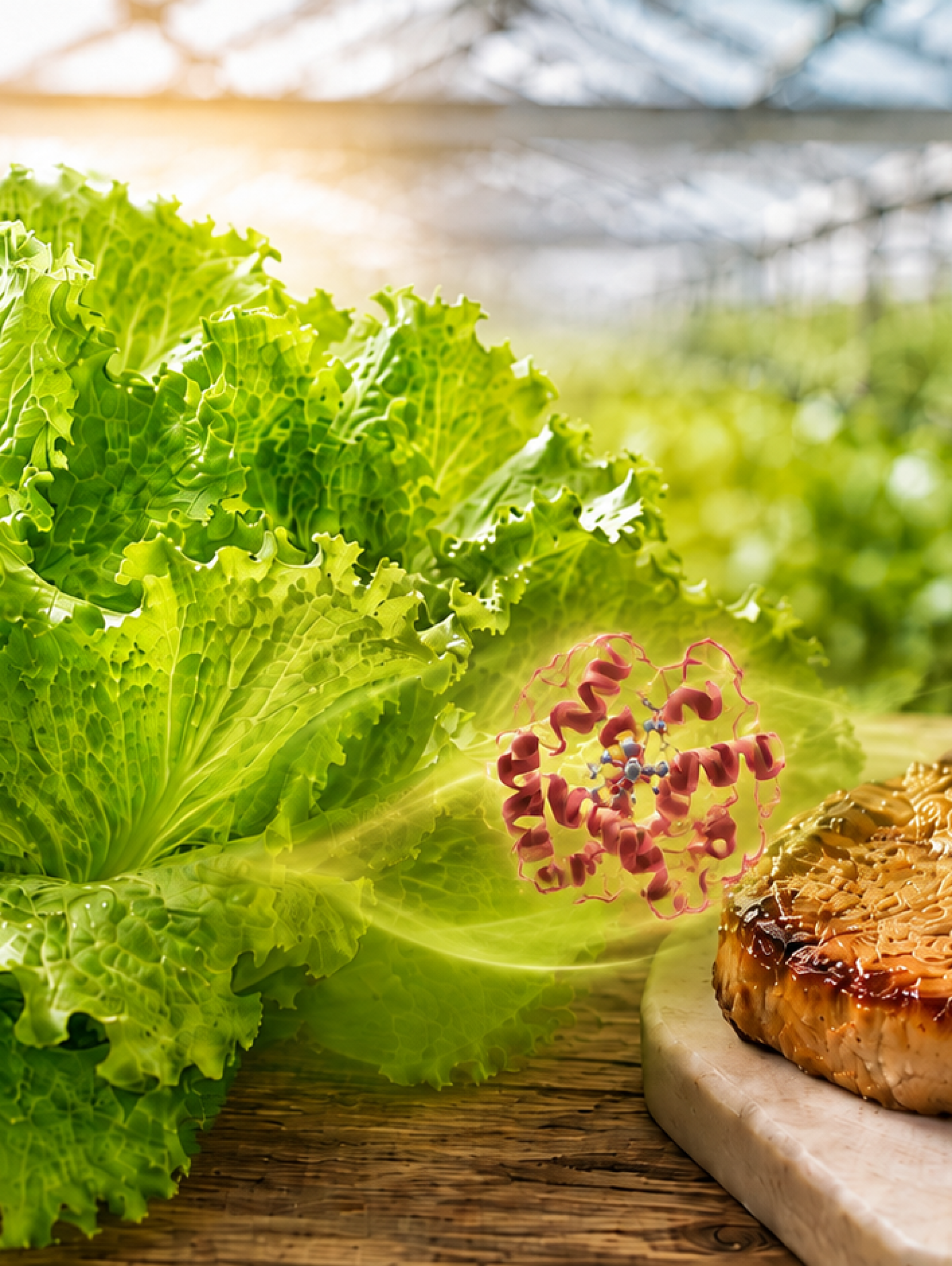 Lechuga y carne de cerdo conectadas visualmente mediante una representación de la proteína mioglobina.