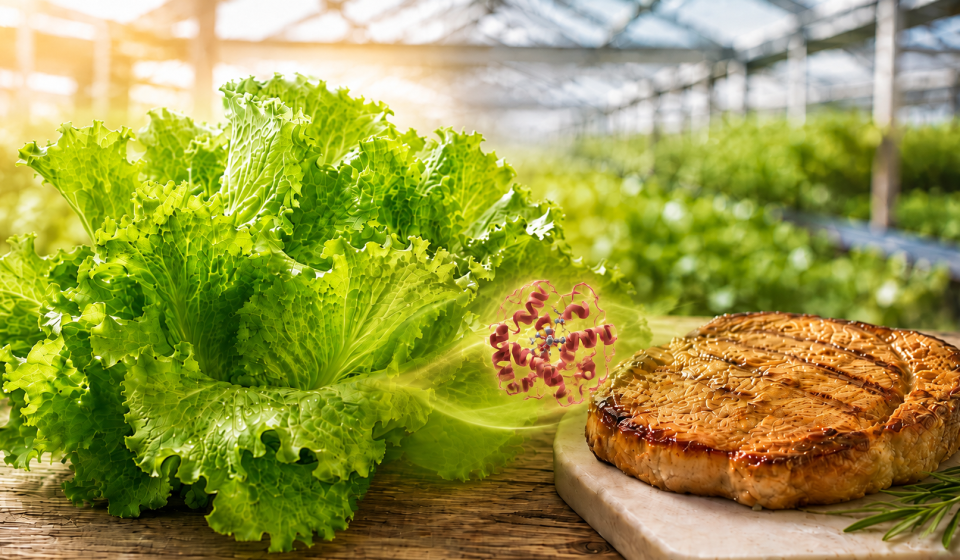 Lechuga y carne de cerdo conectadas visualmente mediante una representación de la proteína mioglobina.