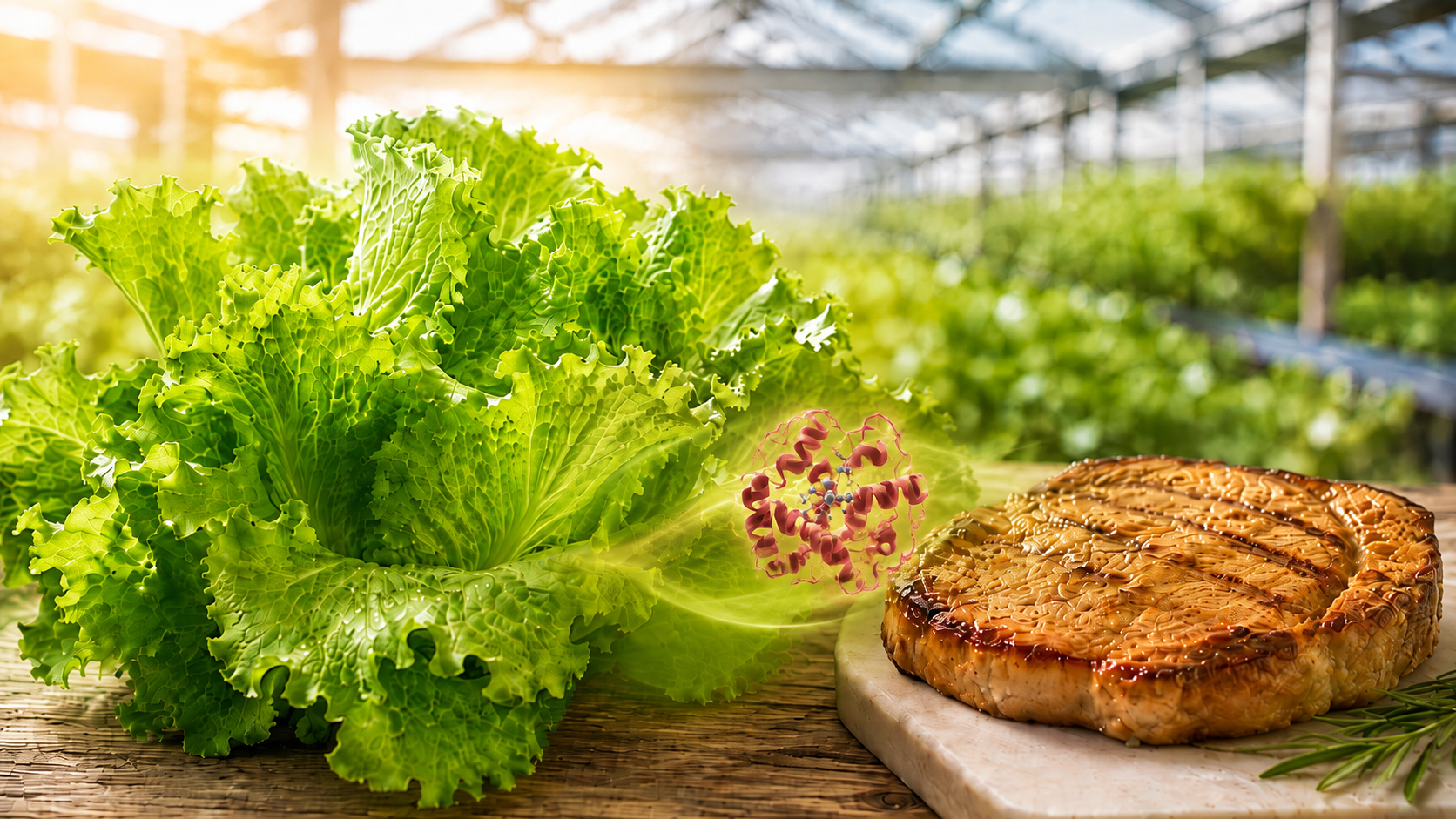 Lechuga y carne de cerdo conectadas visualmente mediante una representación de la proteína mioglobina.