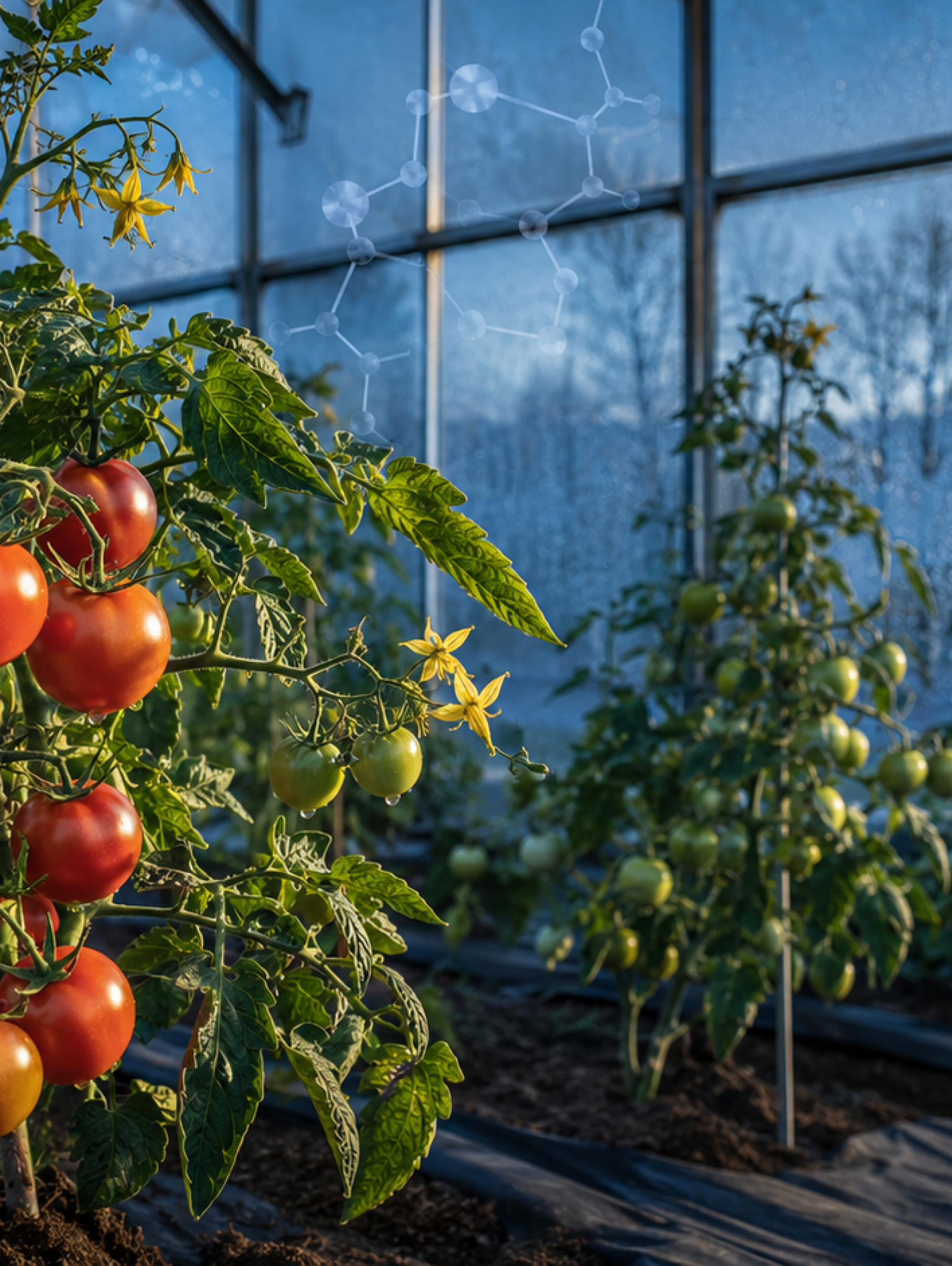Planta de tomate con abundantes frutos maduros en un invernadero frío, como representación de un estudio de edición genética.