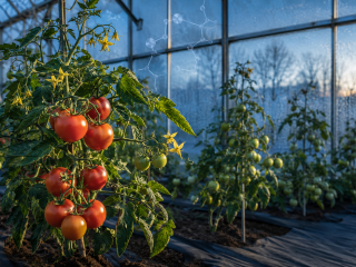 Planta de tomate con abundantes frutos maduros en un invernadero frío, como representación de un estudio de edición genética.