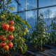 Planta de tomate con abundantes frutos maduros en un invernadero frío, como representación de un estudio de edición genética.