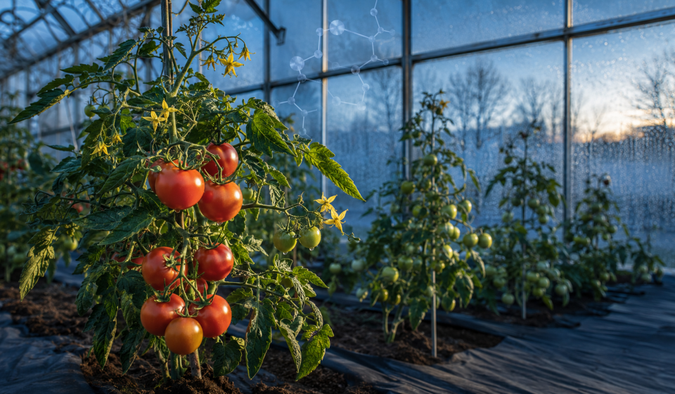 Planta de tomate con abundantes frutos maduros en un invernadero frío, como representación de un estudio de edición genética.