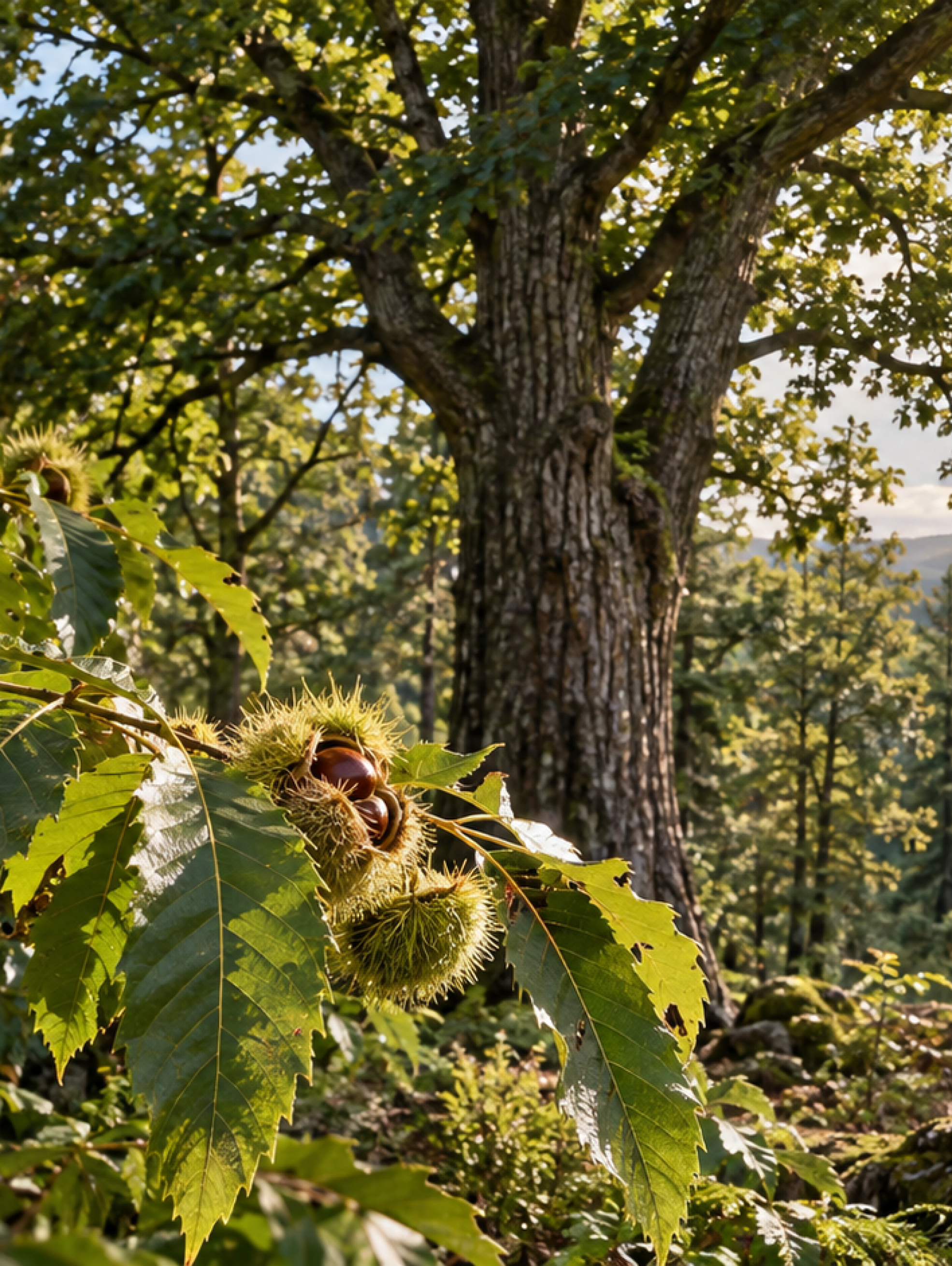 Castaño americano saludable creciendo en un bosque del este de Estados Unidos, representación de restauración mediante biotecnología.
