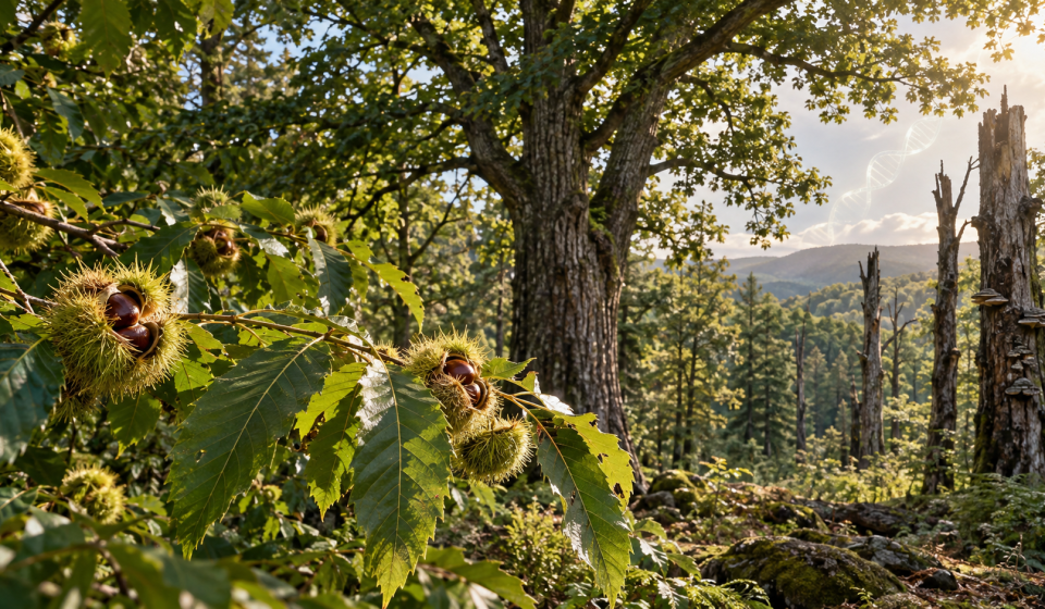 Castaño americano saludable creciendo en un bosque del este de Estados Unidos, representación de restauración mediante biotecnología.
