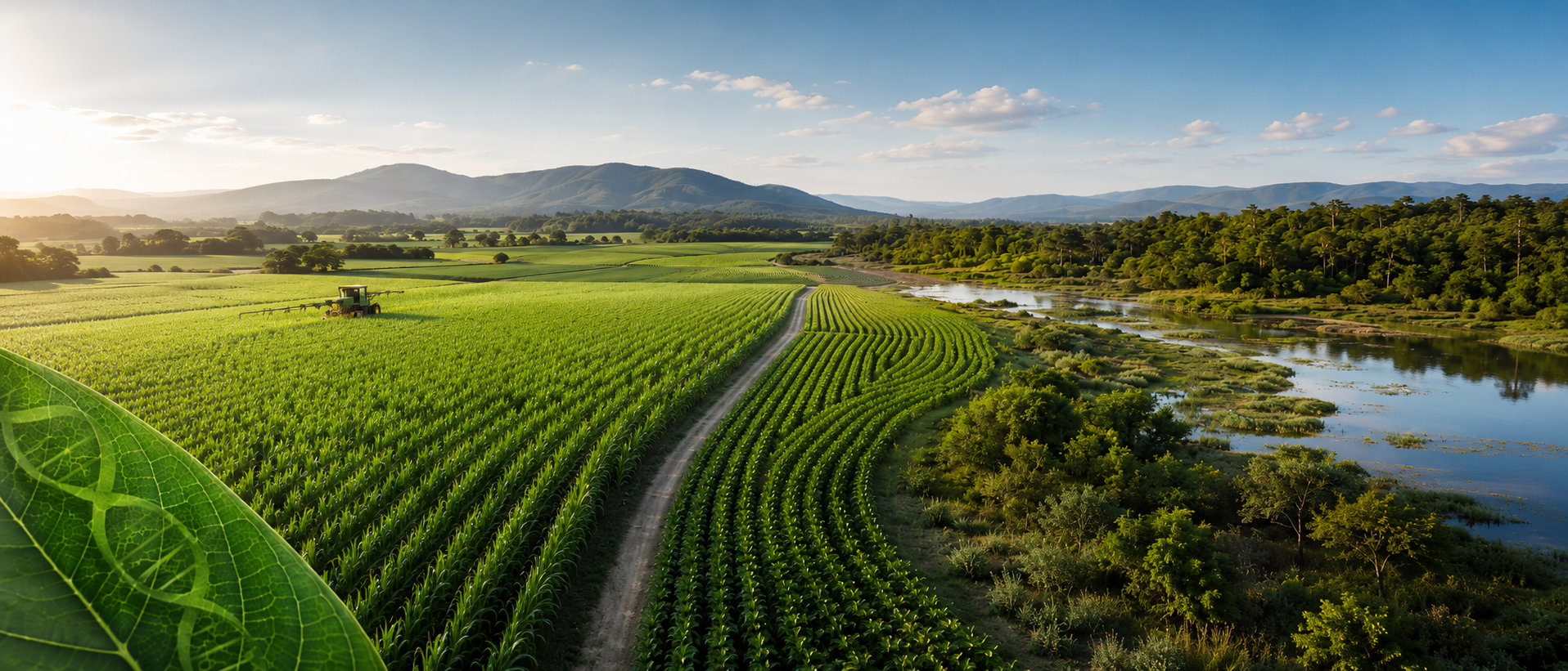 Cultivos agrícolas junto a un ecosistema natural, representando el aporte de los transgénicos a una agricultura más sostenible