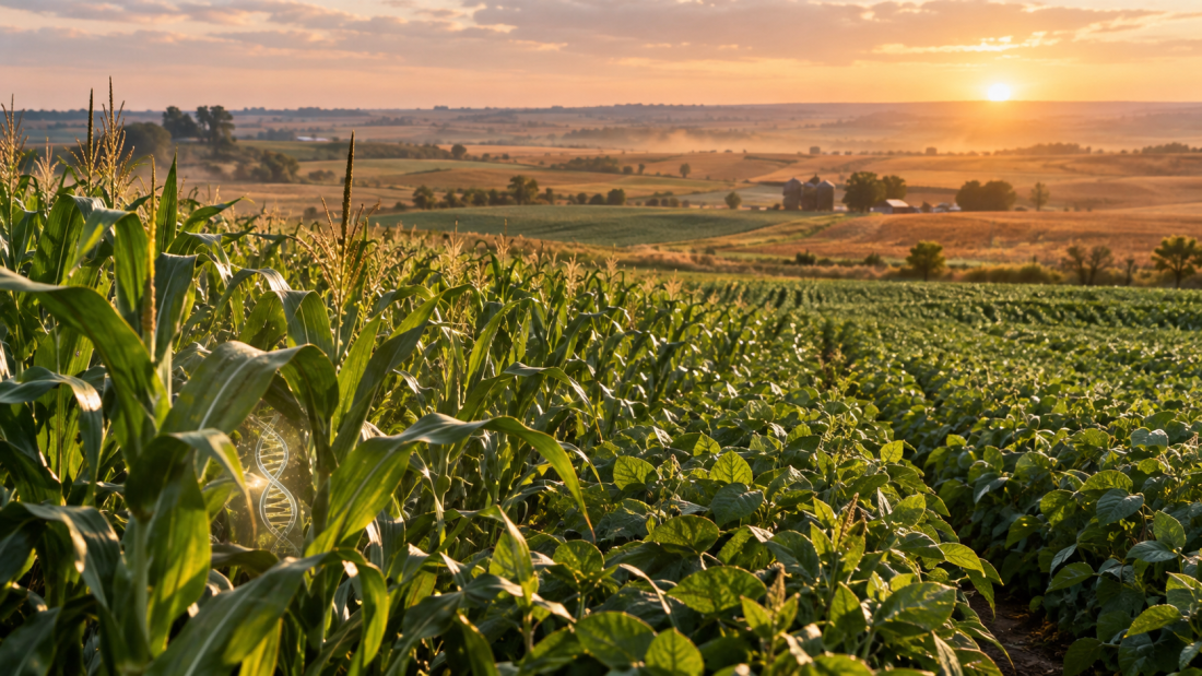 Campos de maíz y soya en Estados Unidos representando el aporte de los cultivos transgénicos a la productividad y adaptación frente al cambio climático.