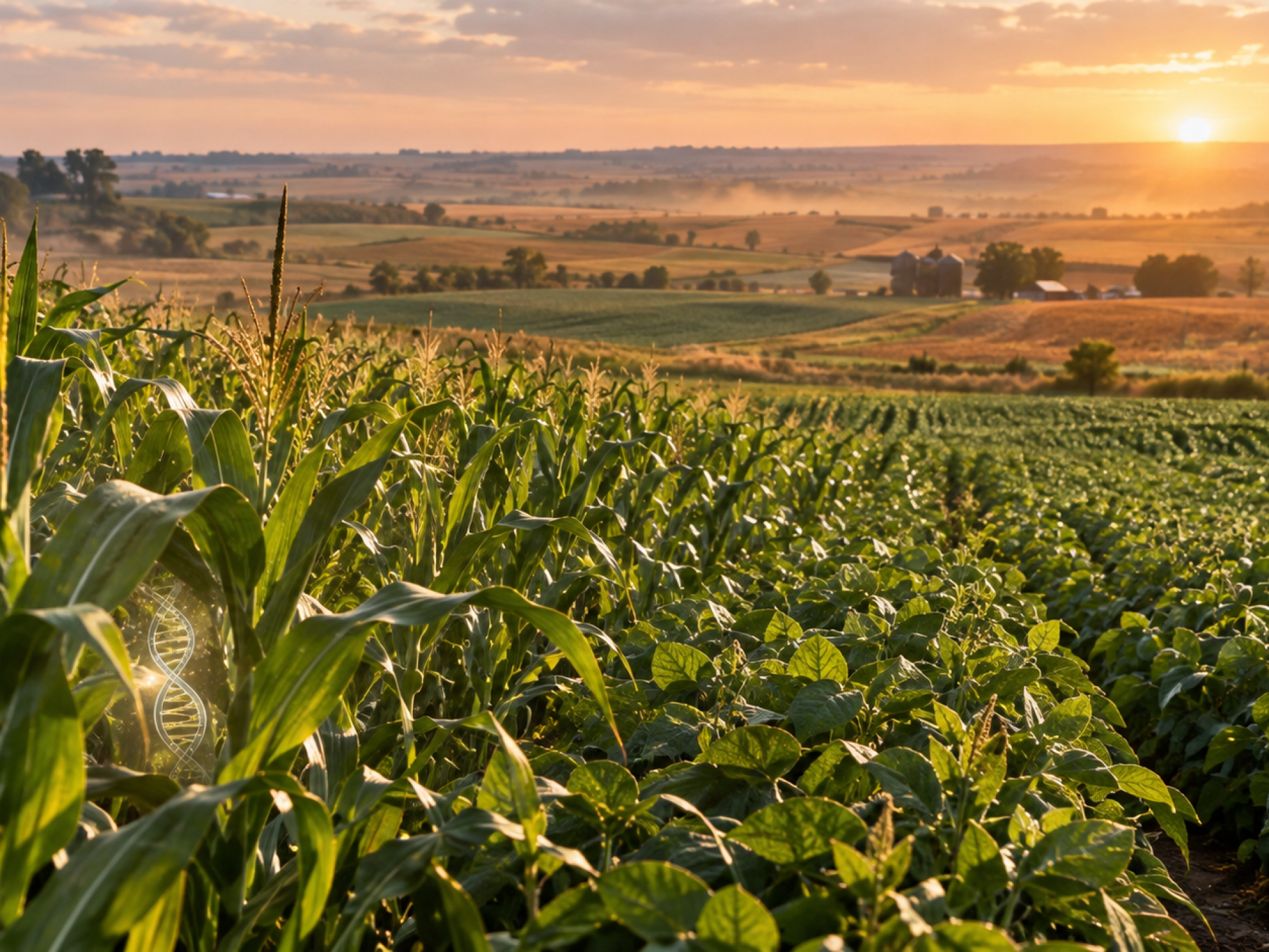 Campos de maíz y soya en Estados Unidos representando el aporte de los cultivos transgénicos a la productividad y adaptación frente al cambio climático.