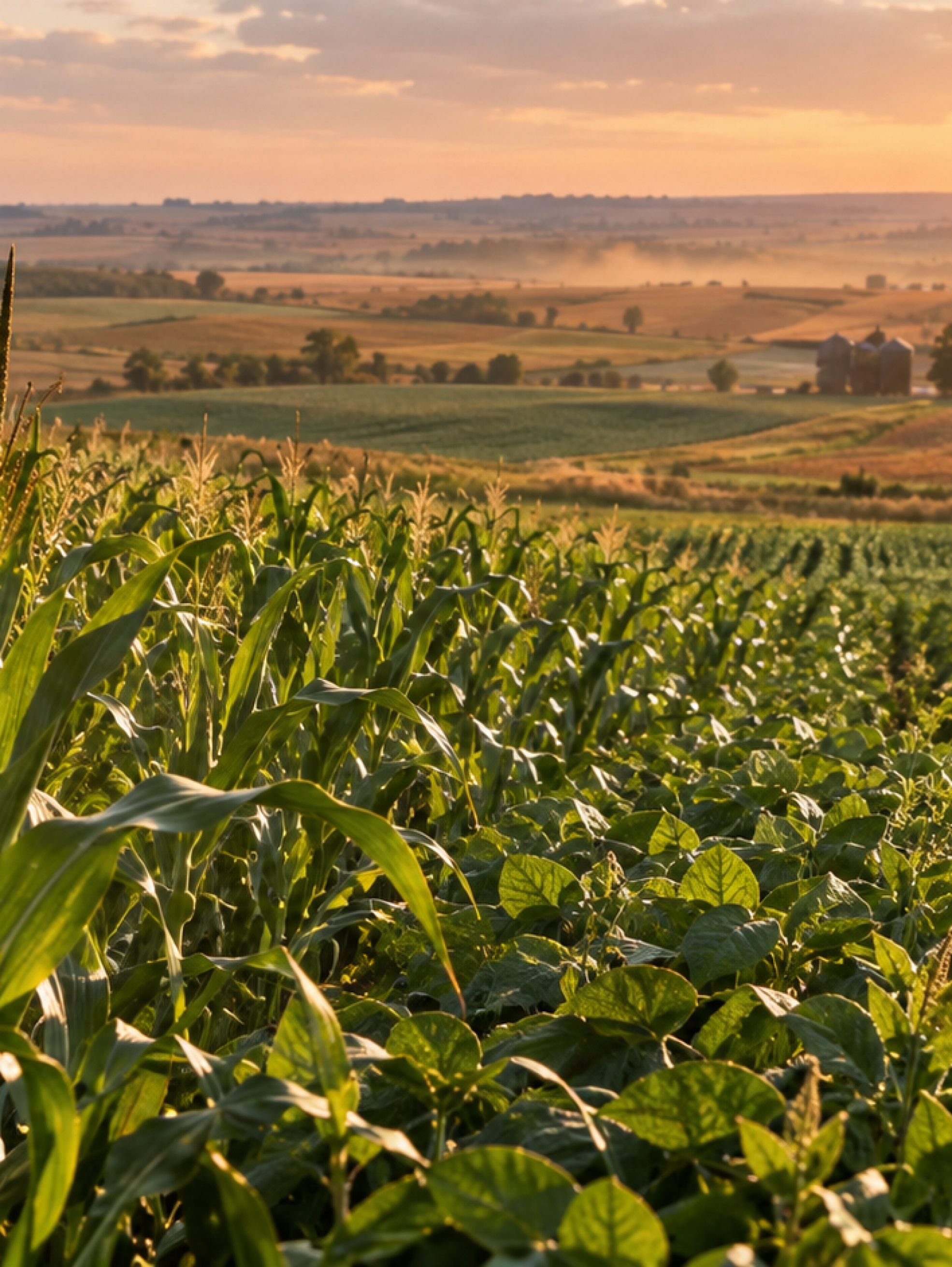 Campos de maíz y soya en Estados Unidos representando el aporte de los cultivos transgénicos a la productividad y adaptación frente al cambio climático.