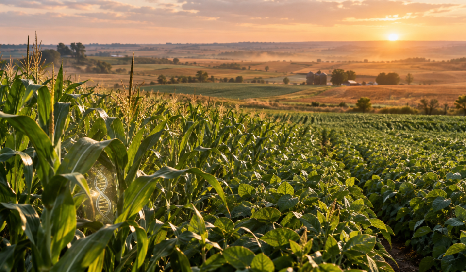 Campos de maíz y soya en Estados Unidos representando el aporte de los cultivos transgénicos a la productividad y adaptación frente al cambio climático.