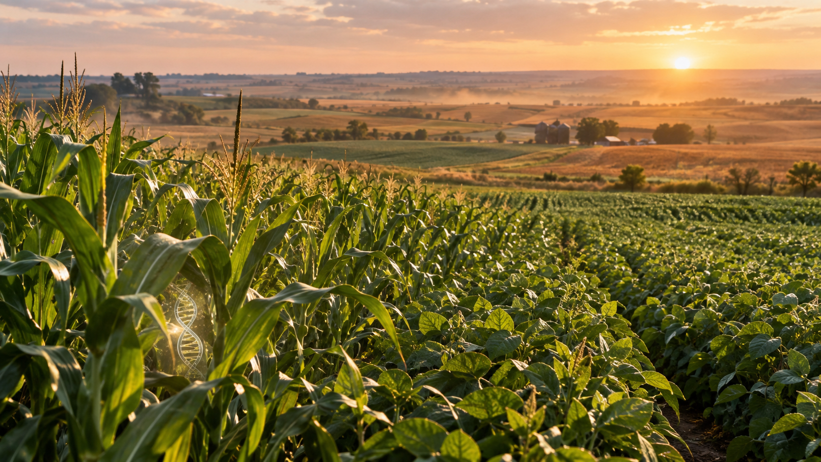 Campos de maíz y soya en Estados Unidos representando el aporte de los cultivos transgénicos a la productividad y adaptación frente al cambio climático.