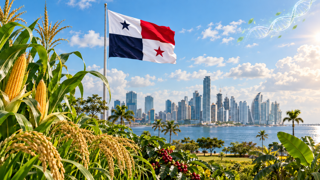Cultivos agrícolas, bandera de Panamá y skyline de Ciudad de Panamá representando la nueva regulación sobre edición genética.