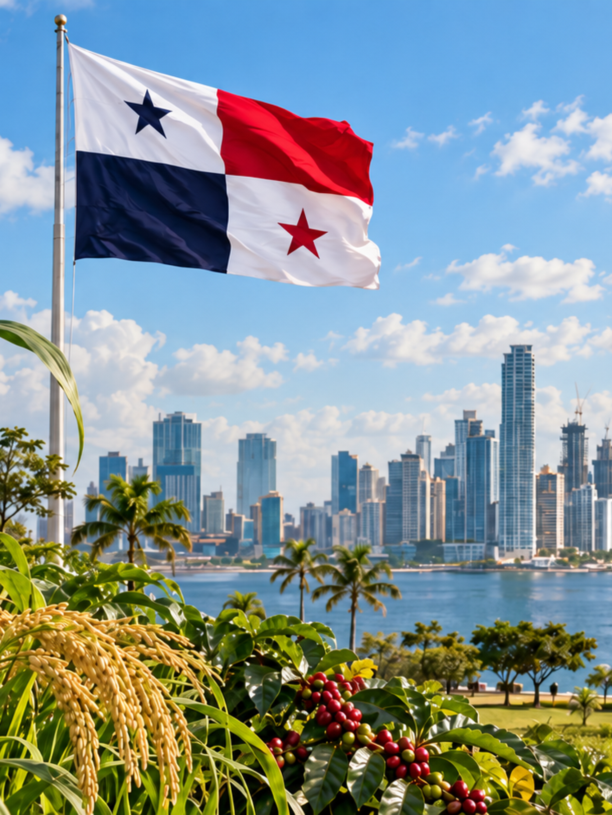 Cultivos agrícolas, bandera de Panamá y skyline de Ciudad de Panamá representando la nueva regulación sobre edición genética.