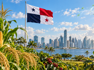 Cultivos agrícolas, bandera de Panamá y skyline de Ciudad de Panamá representando la nueva regulación sobre edición genética.