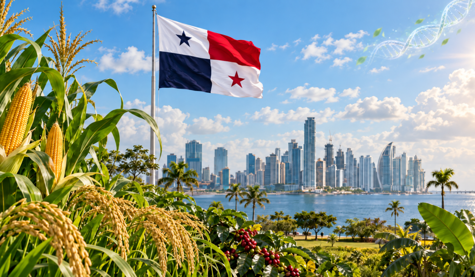 Cultivos agrícolas, bandera de Panamá y skyline de Ciudad de Panamá representando la nueva regulación sobre edición genética.
