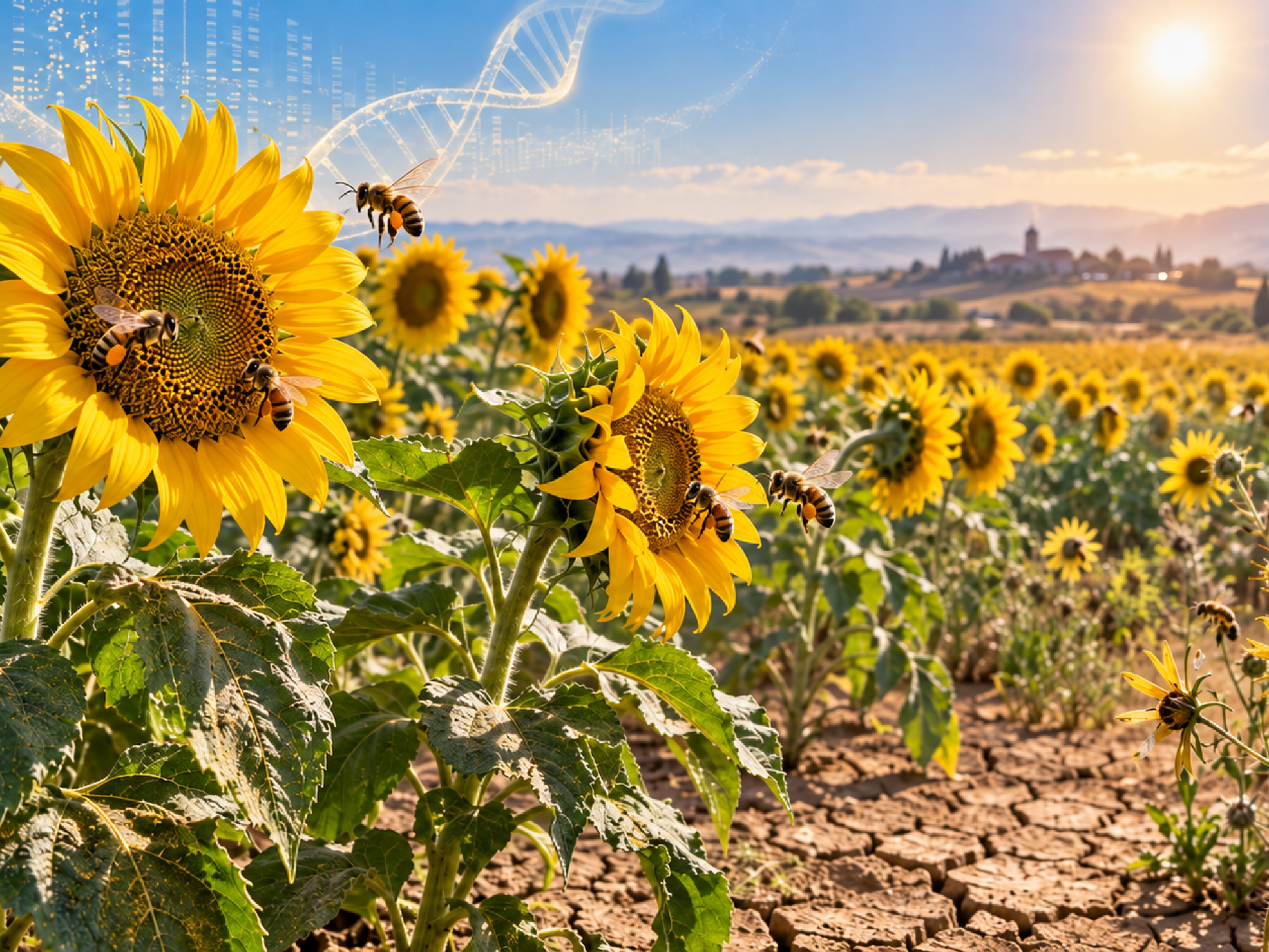 Girasoles creciendo bajo sequía y altas temperaturas con abejas polinizadoras y elementos de genética vegetal.